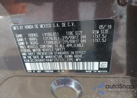 2019 Honda Hr-V Ex-L from USA, damaged, VIN 3CZRU6H74KM725711